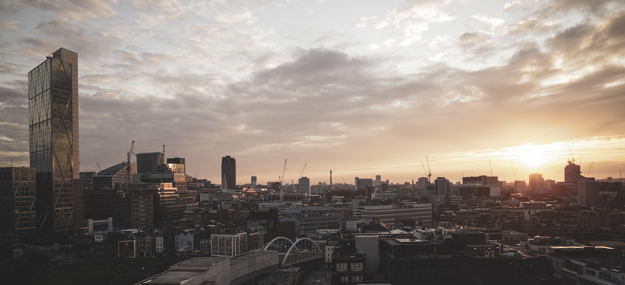 Skyline of a city financial district at dusk