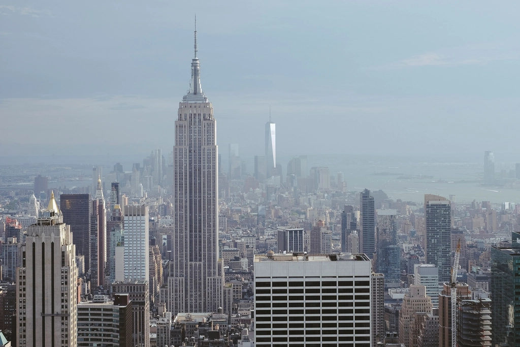 Financial district skyline at dusk